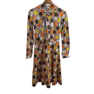 1970s Mod Floral Dress Brown Houndstooth & Orange Yellow Daisy Print